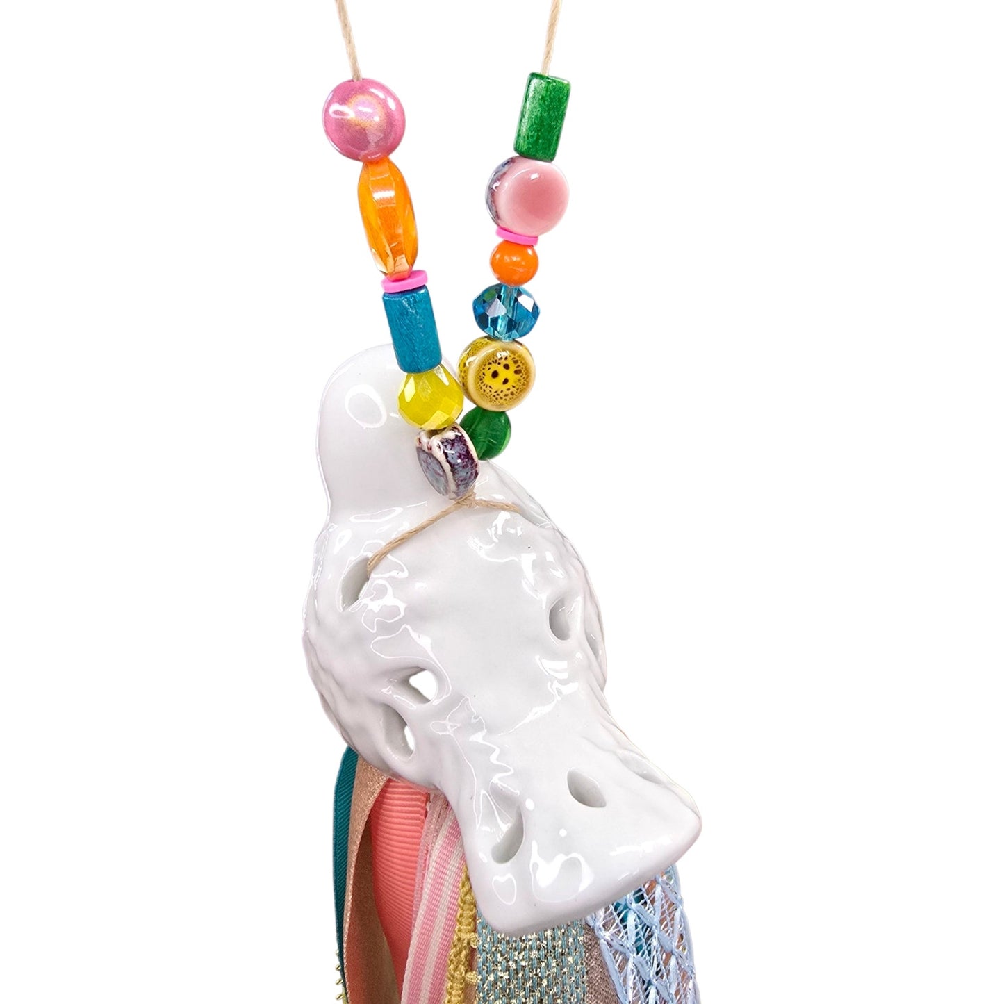 Ceramic Bird Tassel | Upcycled Ceramic Figurine Hanging Ribbon Decor Boho Farmhouse
