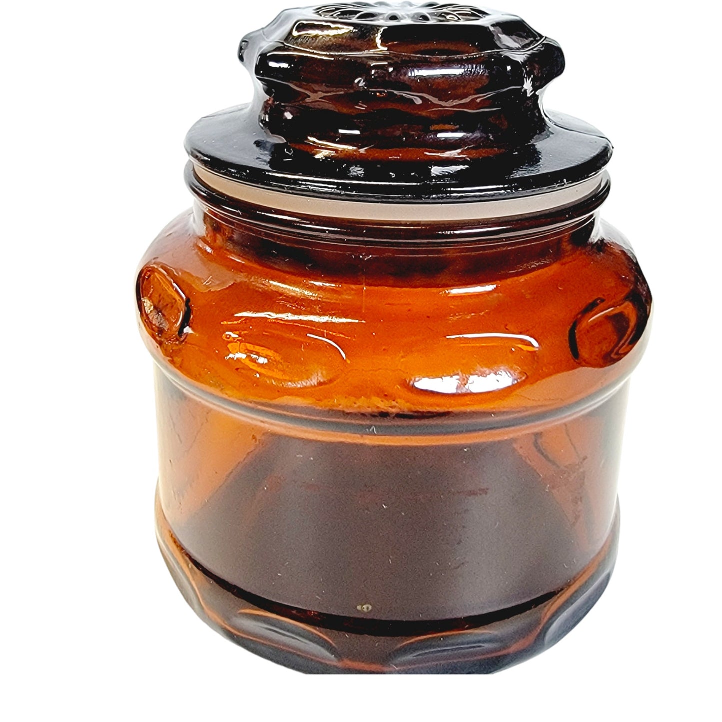 Vintage Dark Amber Brown Glass Apothecary Canister Spice Jar Starburst lid 4.25”