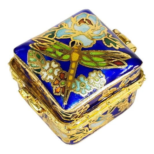 Vintage Cloisonne Trinket Box, Dragonfly & Floral Design
