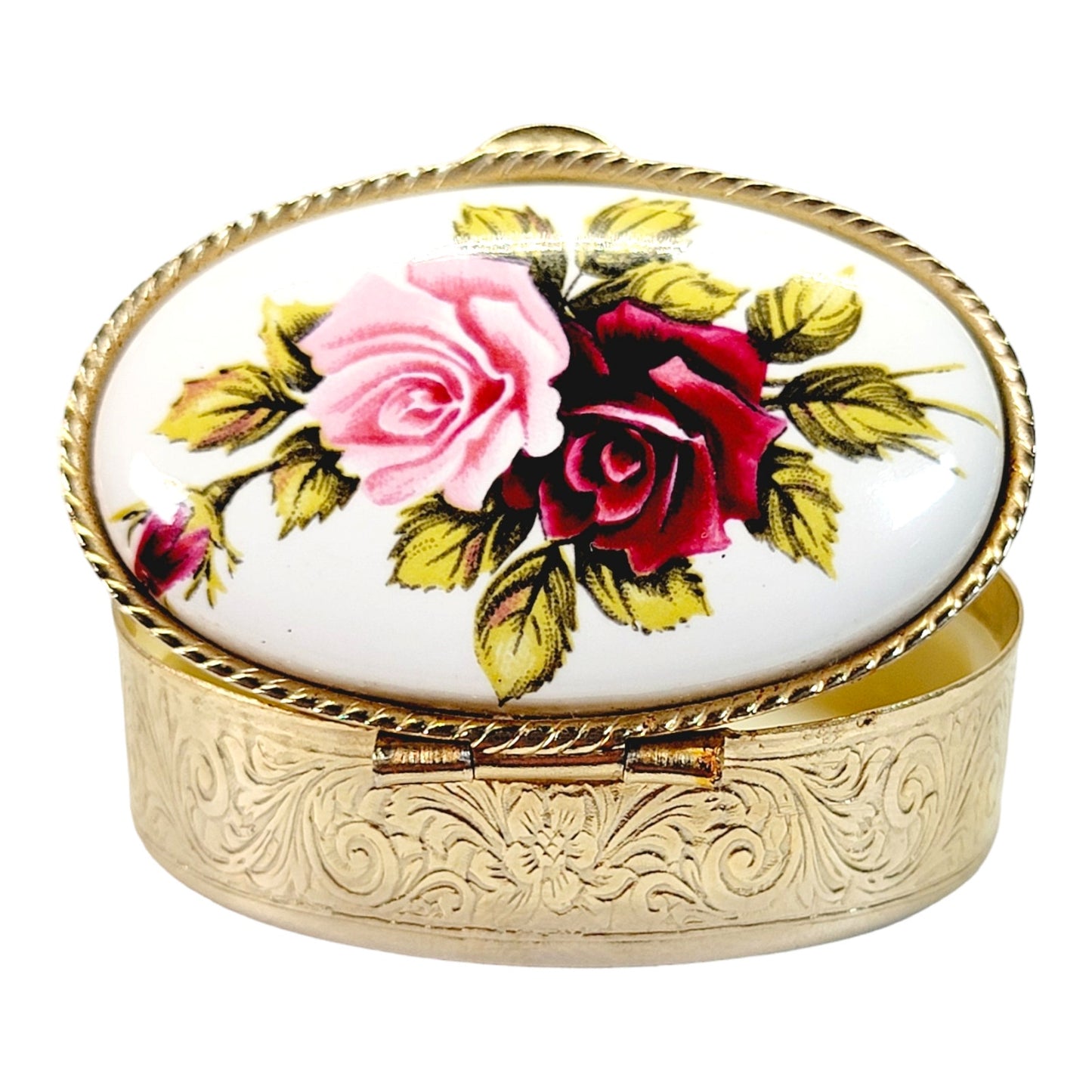 Vintage Ceramic & Metal Hinged Pill Box, Floral Roses Trinket Box