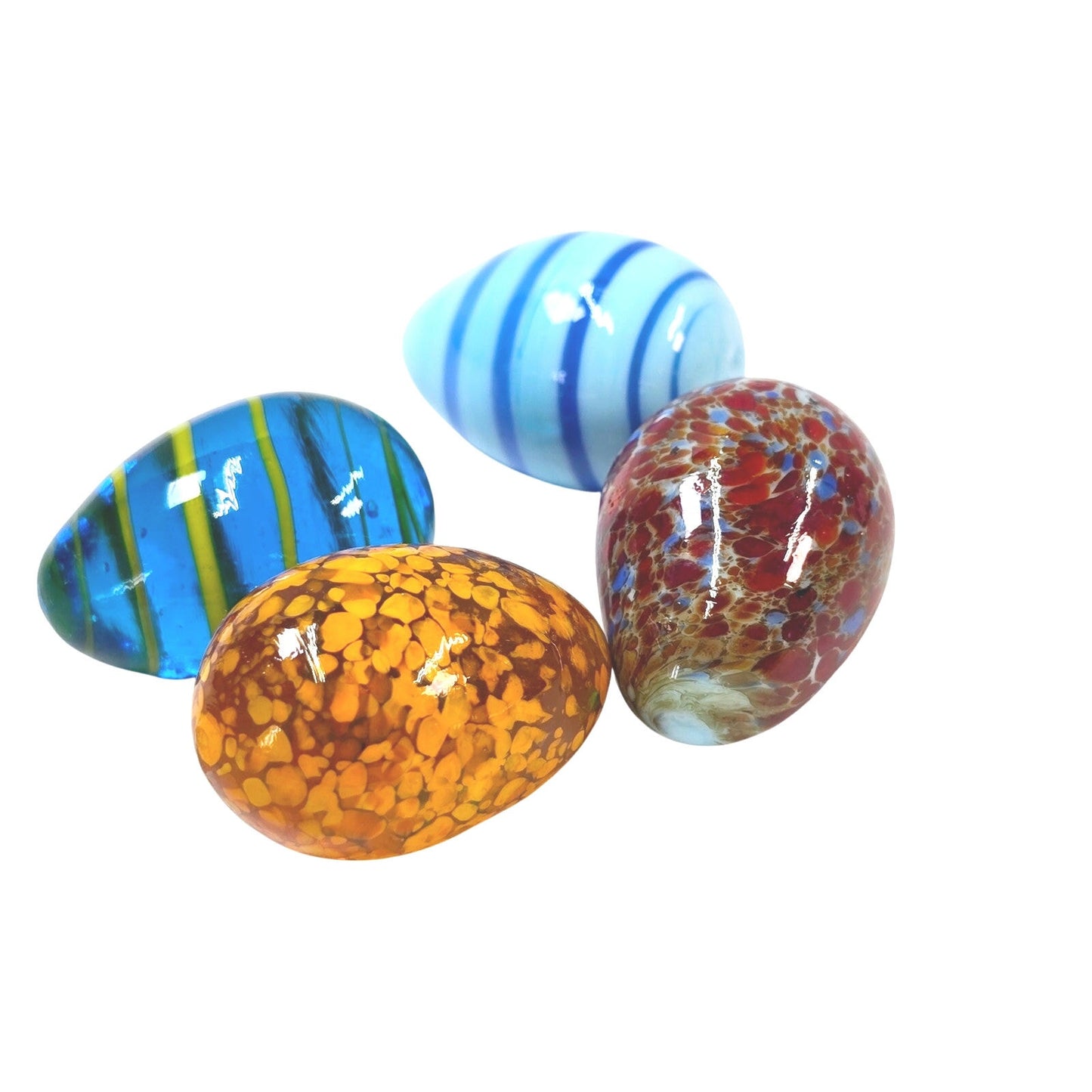 Set of 4 Handblown Small Glass Eggs, Colorful Artisan Glass Eggs in Mini Glass Basket