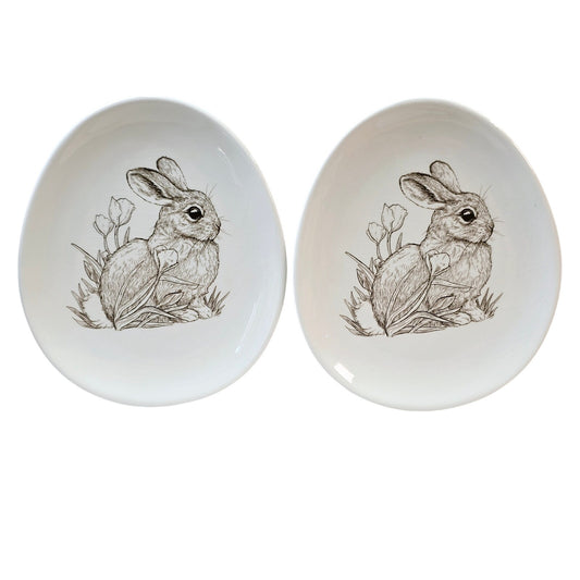 Set of 2 Decorative Bunny Plates with Sketch Brown Bunny with Tulips by Burton & Burton CRAZED