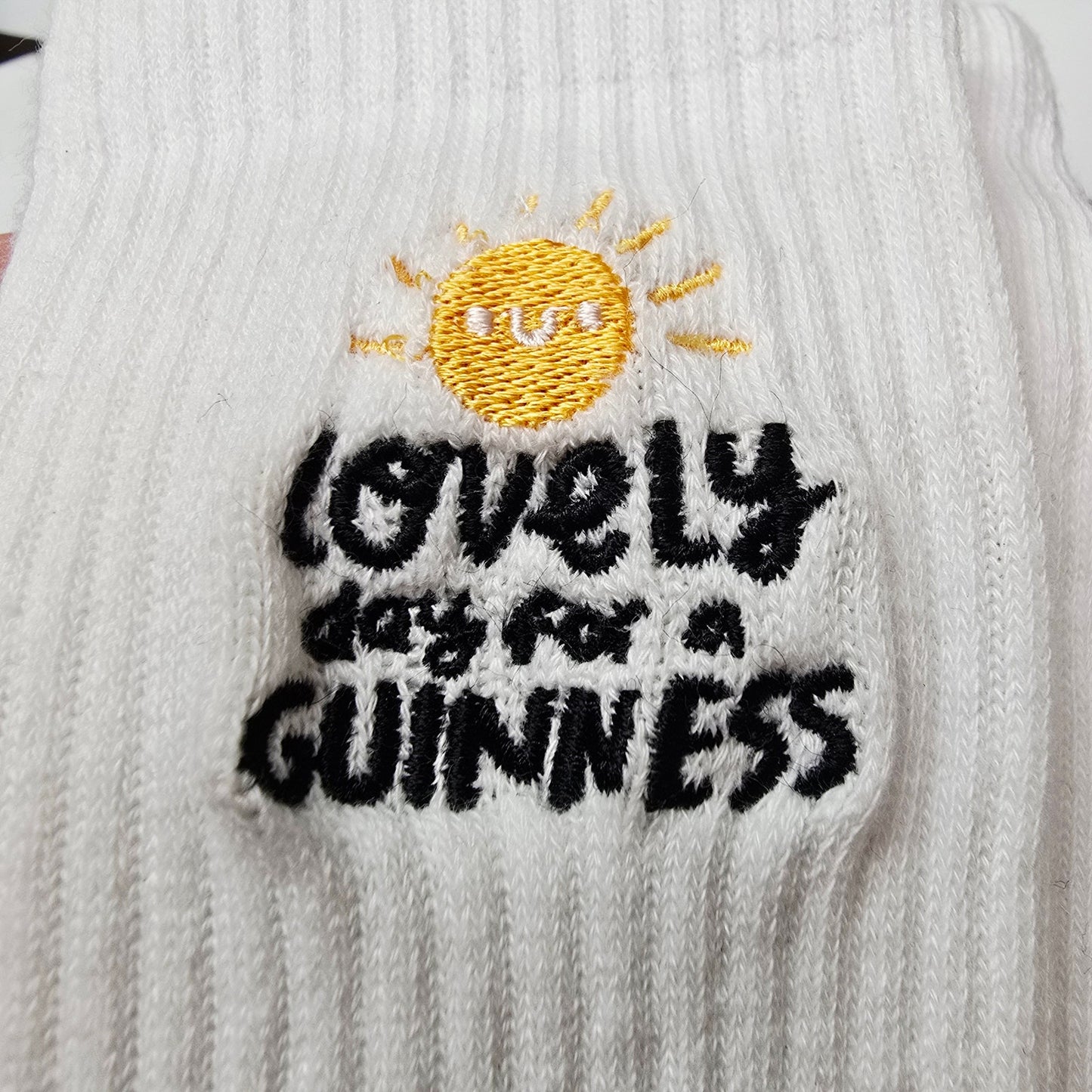 Guinness x Fatti Burke Socks New White Crew Socks Lovely Day For A Guinness NWT