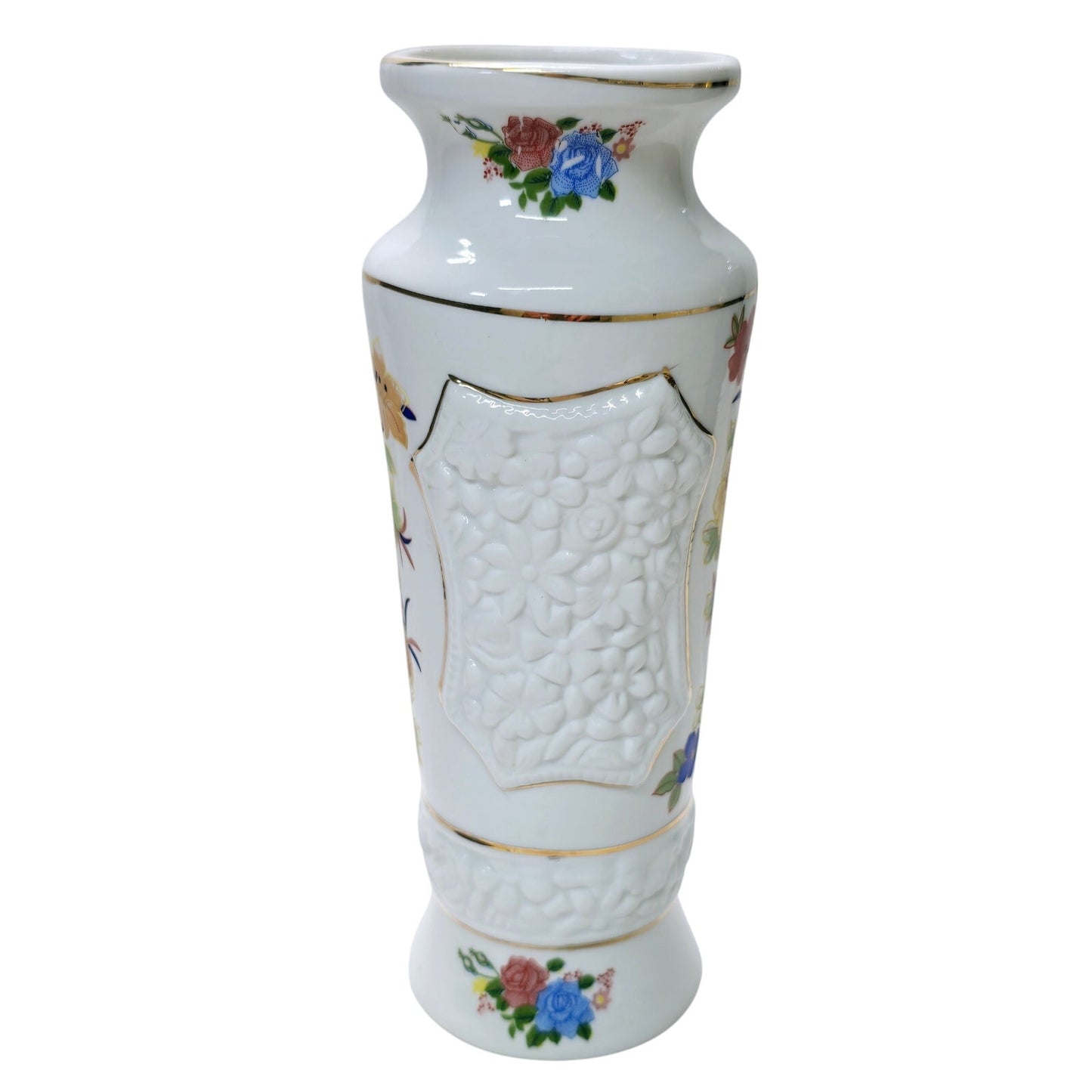Vintage Porcelain Vase with Colorful Textured Floral Desgin Gold Trim