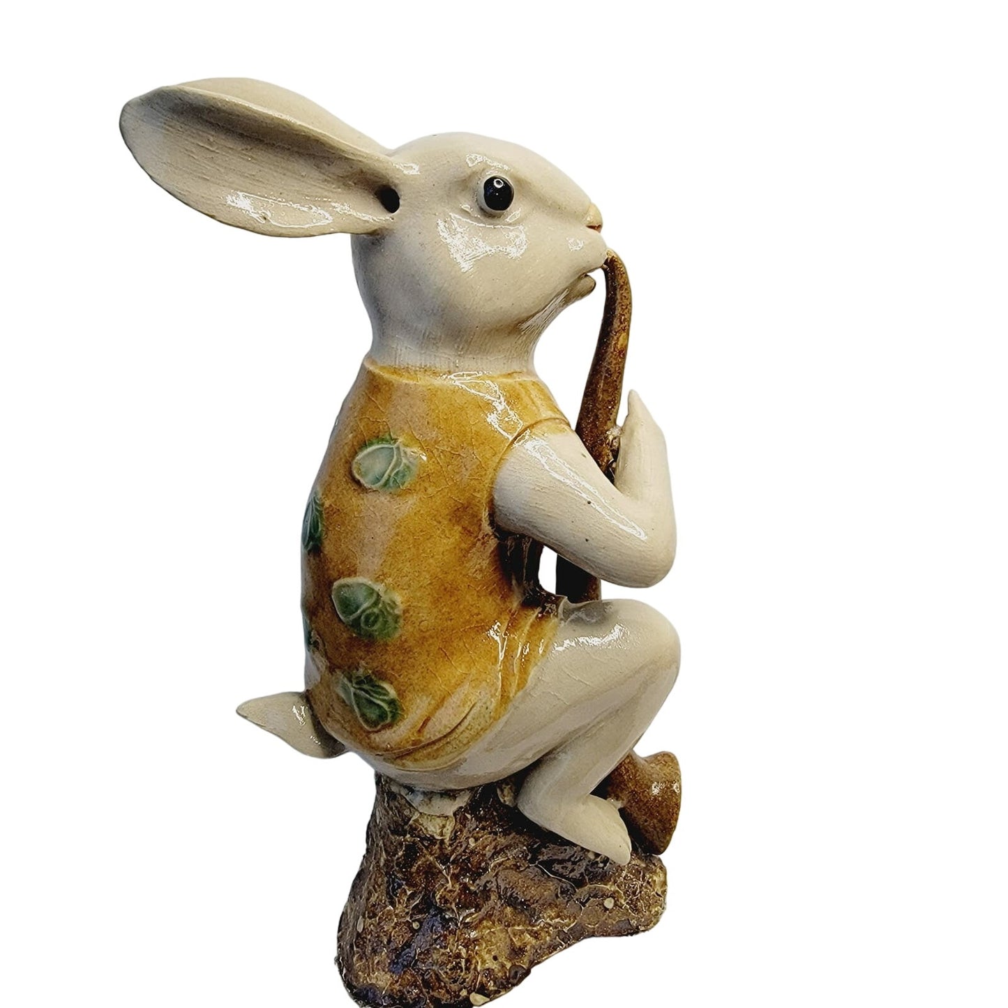 Vtg Signed Asian Rabbit Figurine Playing Long Horn Pottery Seal Mark MCM 8.5"