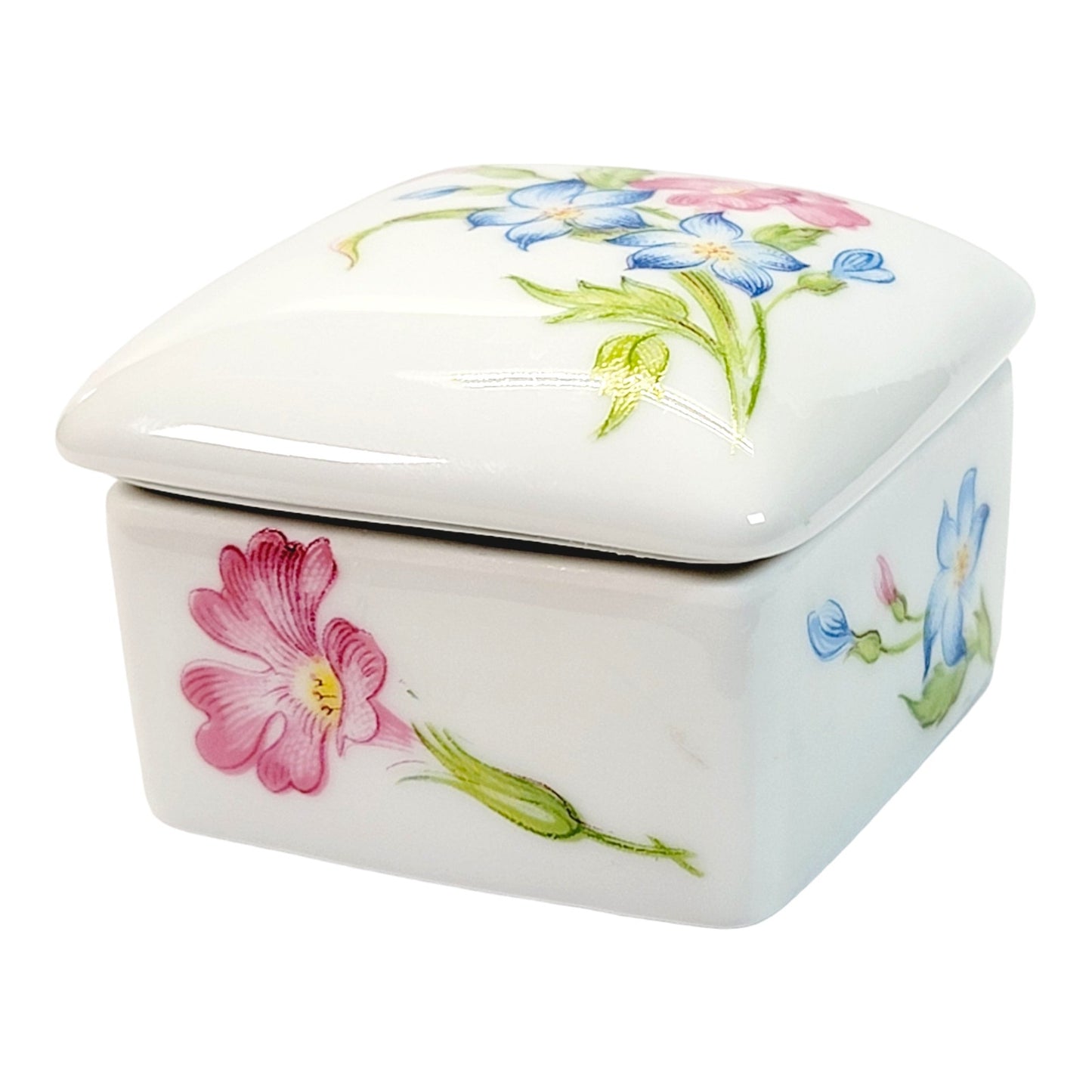 Small Trinket Box with Lid, Floral Pink and Blue Flowers, Marked Limoges