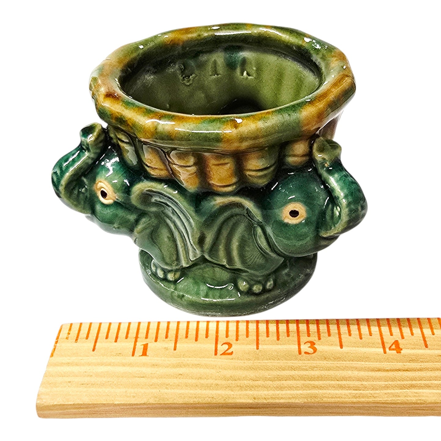 Vintage Majolica Style Elephant Planter Green Drip Glaze Ceramic Lucky Elephants