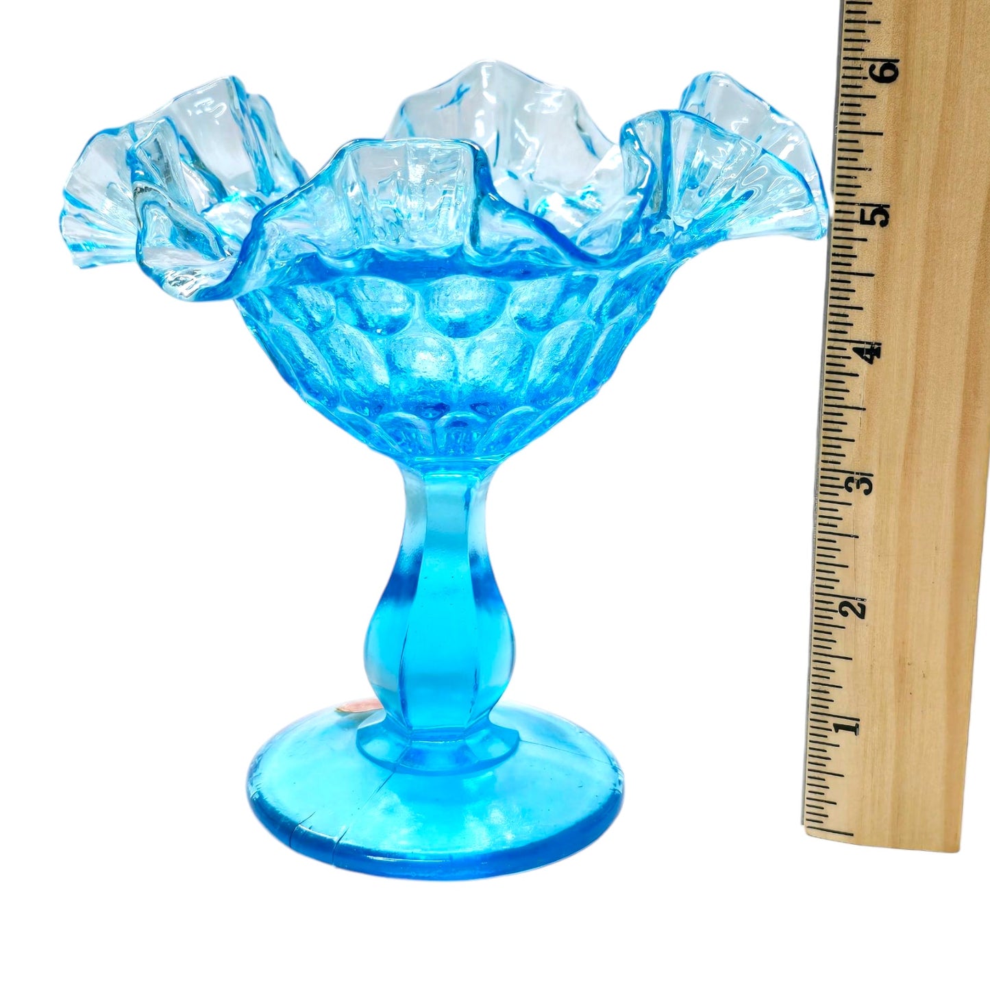 AS IS Fenton Blue Ruffled Pedestal Compote Coin Dot Candy Dish Glows Manganese
