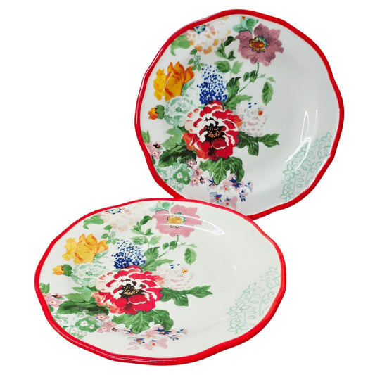 Pioneer Woman Floral Medley Salad Dessert Plates 8.25" Red Rim Set/2