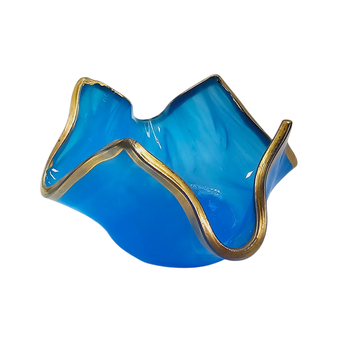 Signed Vintage Art Glass Handkerchief Bowl, Votive Holder, Turquoise Blue Glass with Gold Trim, 2.75" W x 2.5" H