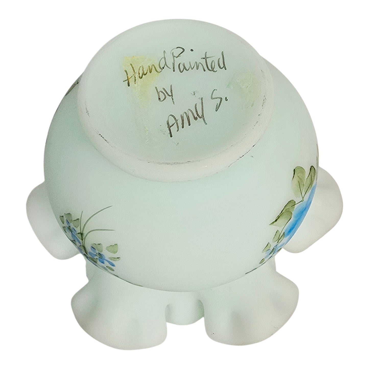 Fenton Blue Roses on Blue Satin Glass Rose Bowl - Signed