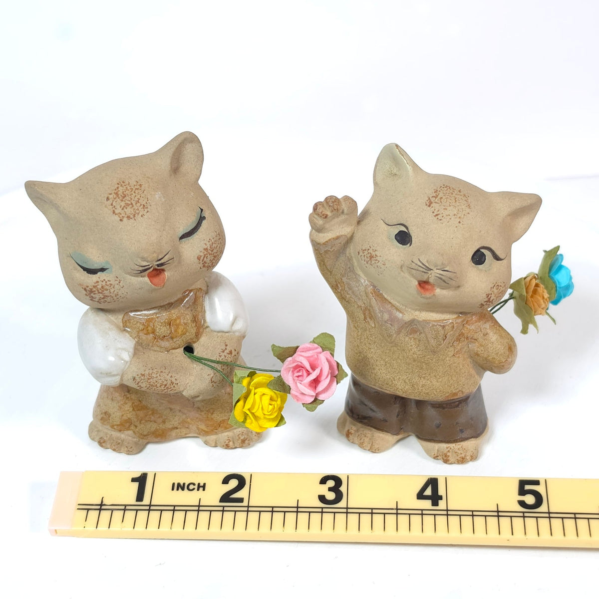 Vintage UCTCI Japan Cat Figurines Pair Boy Girl Flower Holders Speckled Pottery