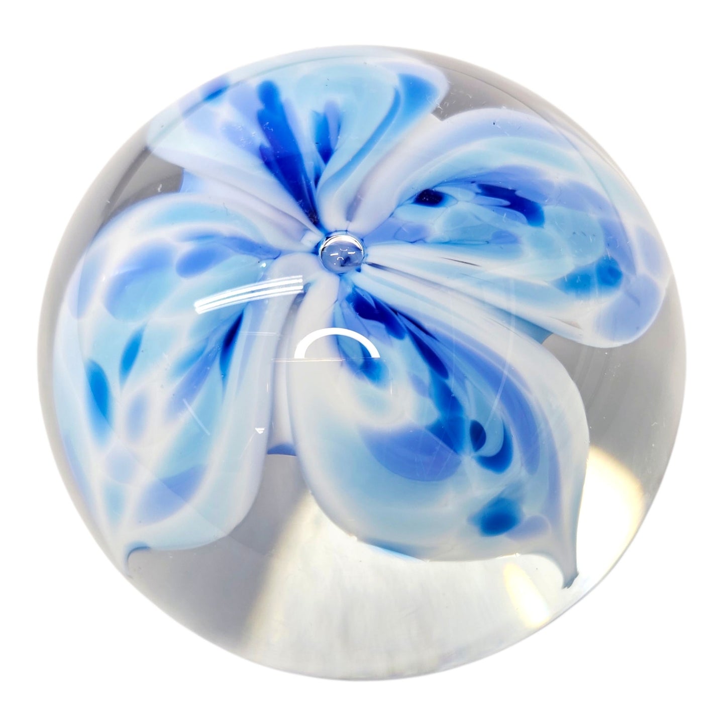 Signed Jodi Bove 1991 Art Glass Paperweight Blue White Floral Swirl Flower 2"