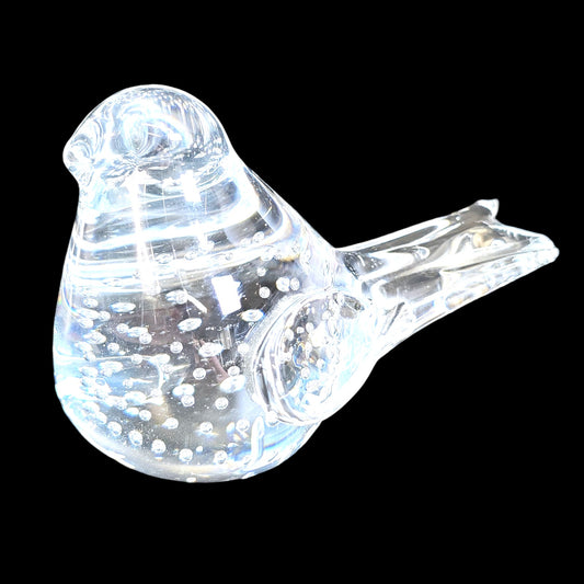 AS IS Handblown Clear Art Glass Bird, with Bullicante Bubbles, Polished Bottom, Chipped Tip of Tail Feather