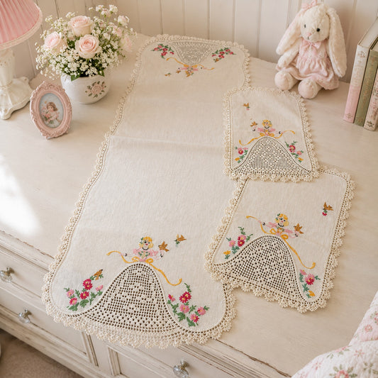 Vintage 3 Pc Crinoline Lady Dresser Scarf Set Linen Crochet Lace Bow Flower Bird
