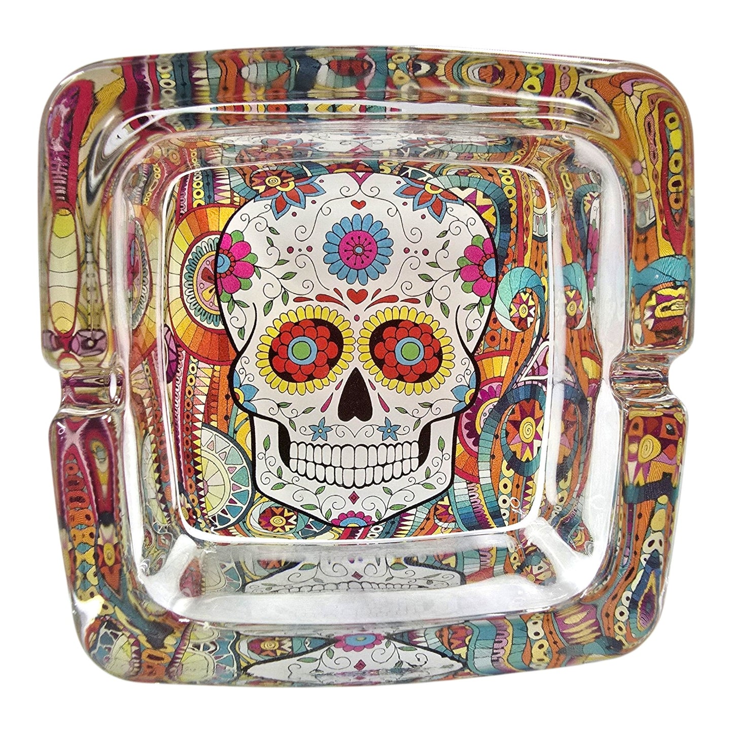 Day of the Dead Sugar Skull Heavy Glass Ashtray Trinket Dish Colorful 3"