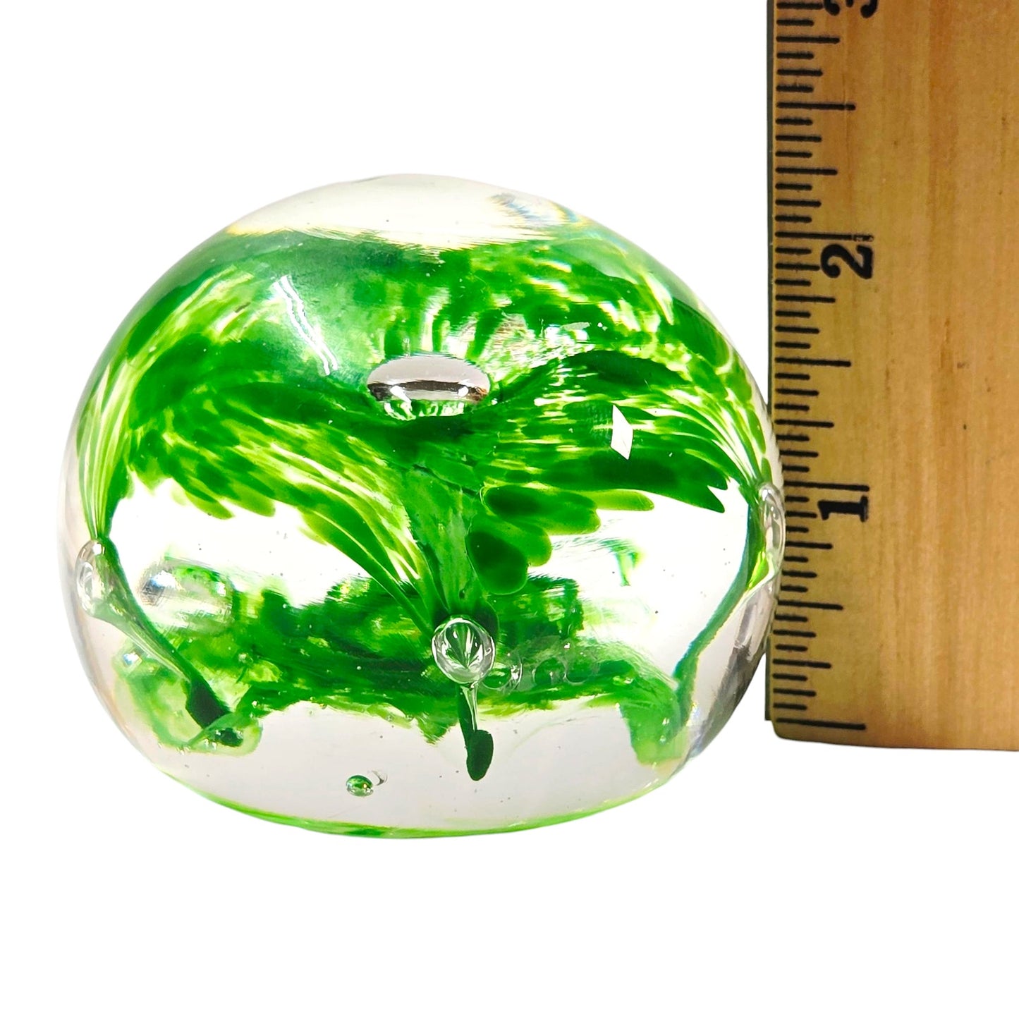 Hand-Blown Art Glass Paperweight, Green Flower Swirl AS IS Imperfection