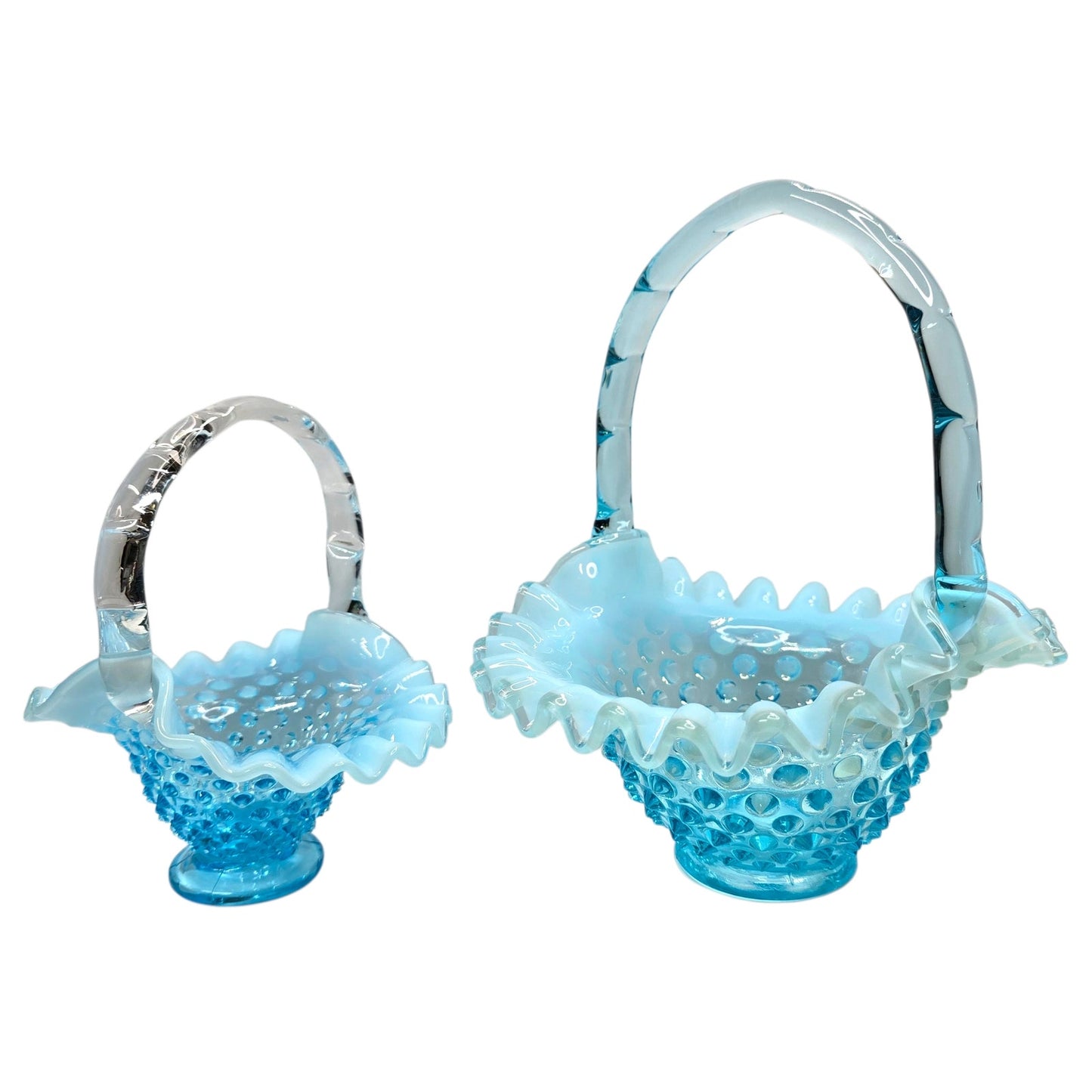 Fenton Blue Opalescent Hobnail Basket Set Uranium Reactive Ruffled Glass Pair