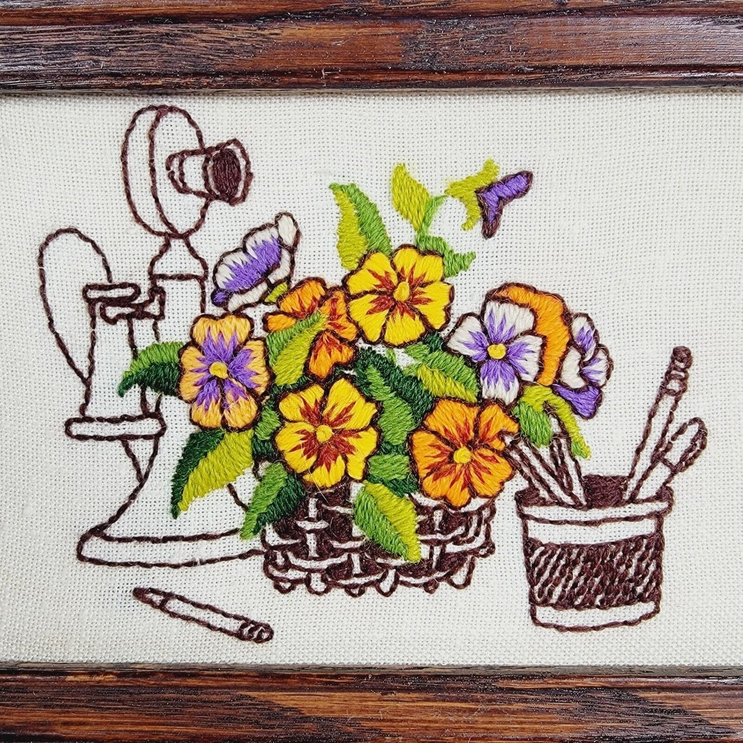 Vtg Framed Pansies Floral Needlepoint Crewel Embroidery Art Flowers Phone Pencil