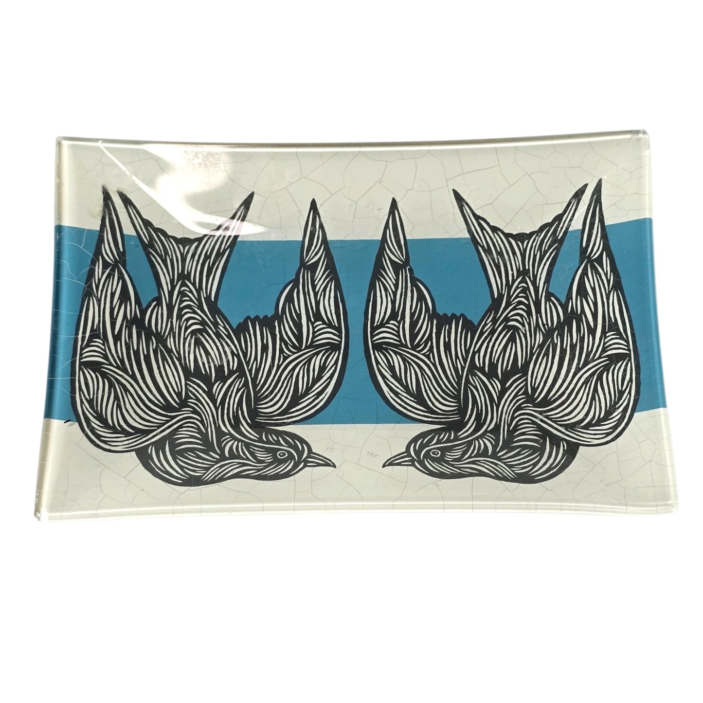 PATCH NYC x West Elm Bird Trinket Dish Reverse Painted Glass Blue White MCM READ