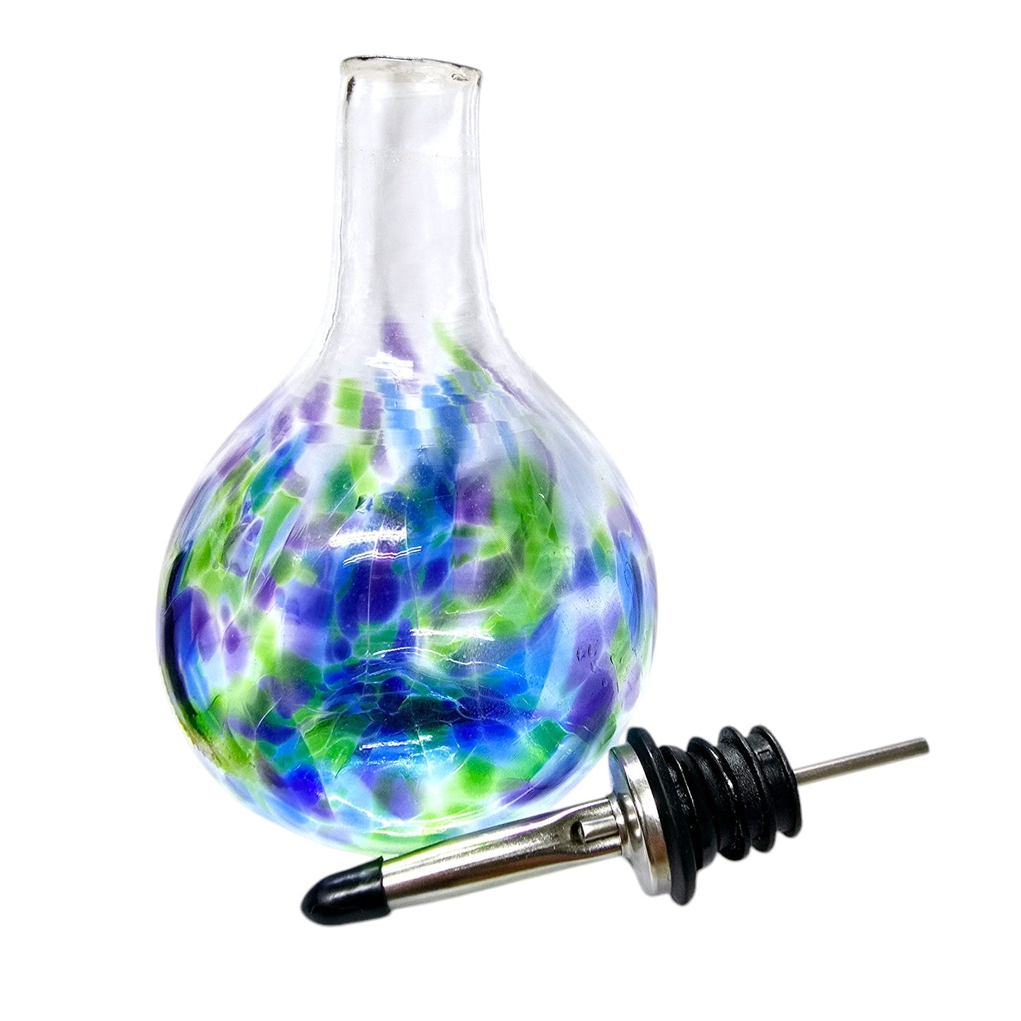 Handblown Glass Olive Oil Pourer, Bud Base, Handcrafted Blue Purple Green Glass