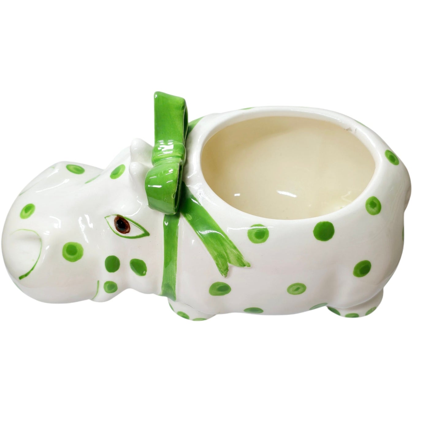 Large Ceramic Green Polkadot Hippo Planter with Green Bow 10" W