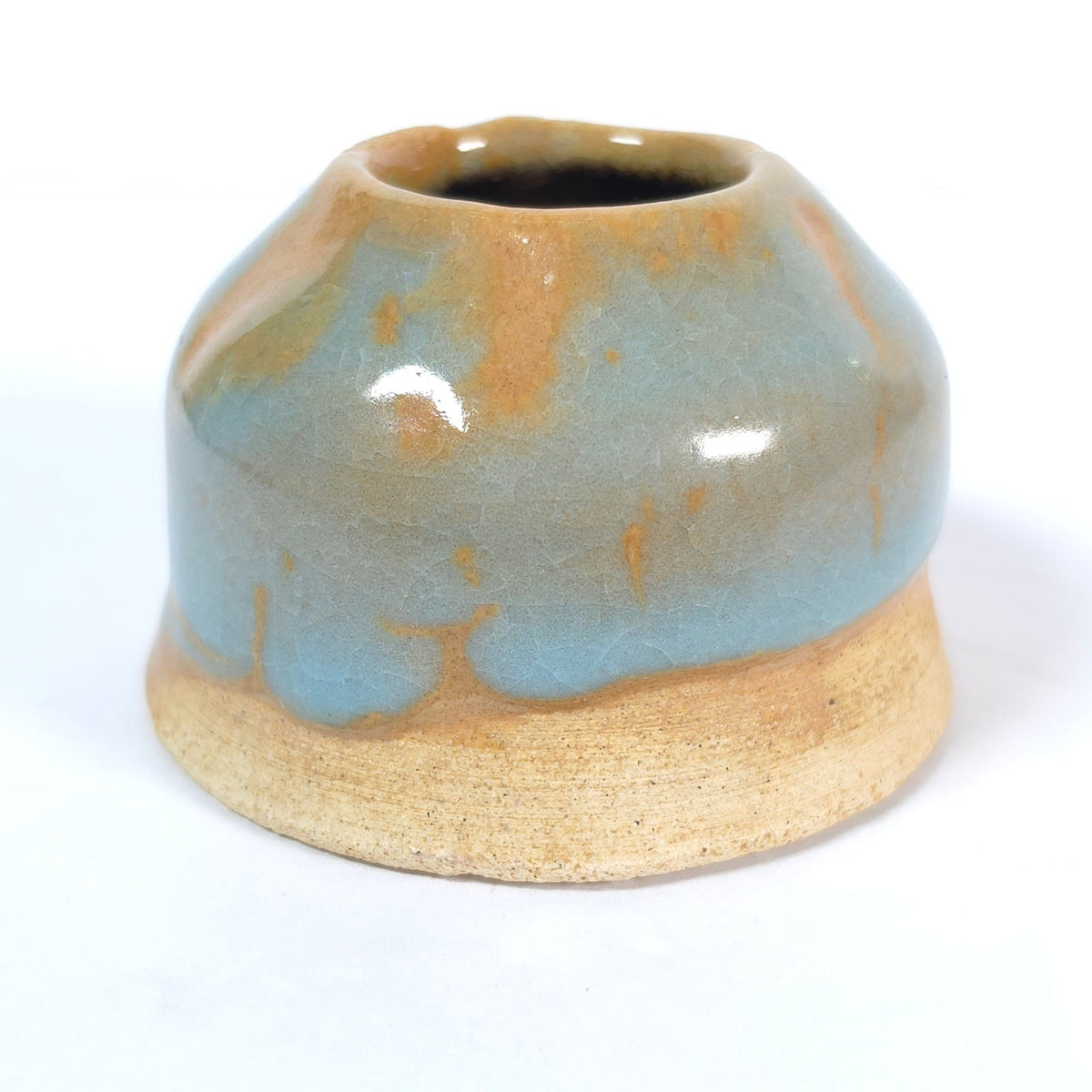 Handmade Student Pottery Mini Vase Blue Tan Copper Tone Interior Signed