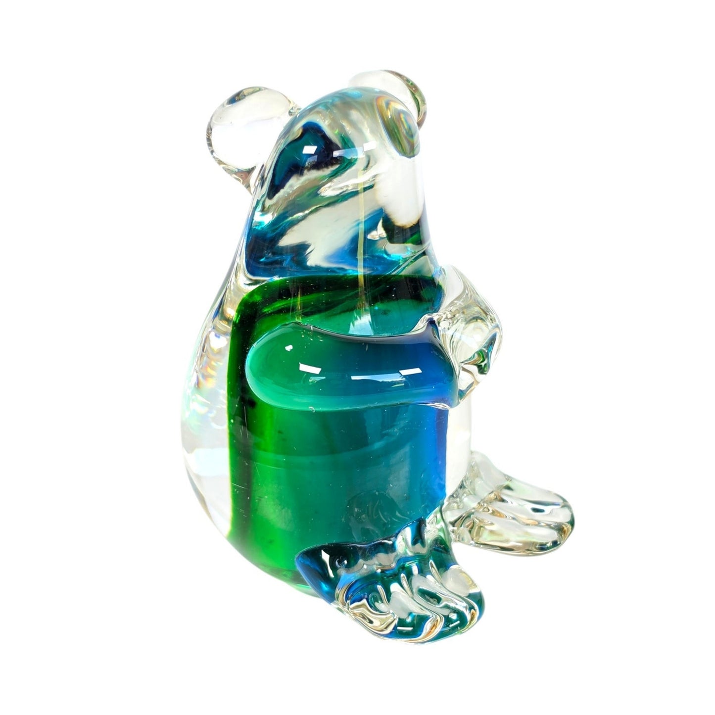 Vintage Art Glass Mouse? Koala? Figurine Paperweight Blue Green Cased Clear