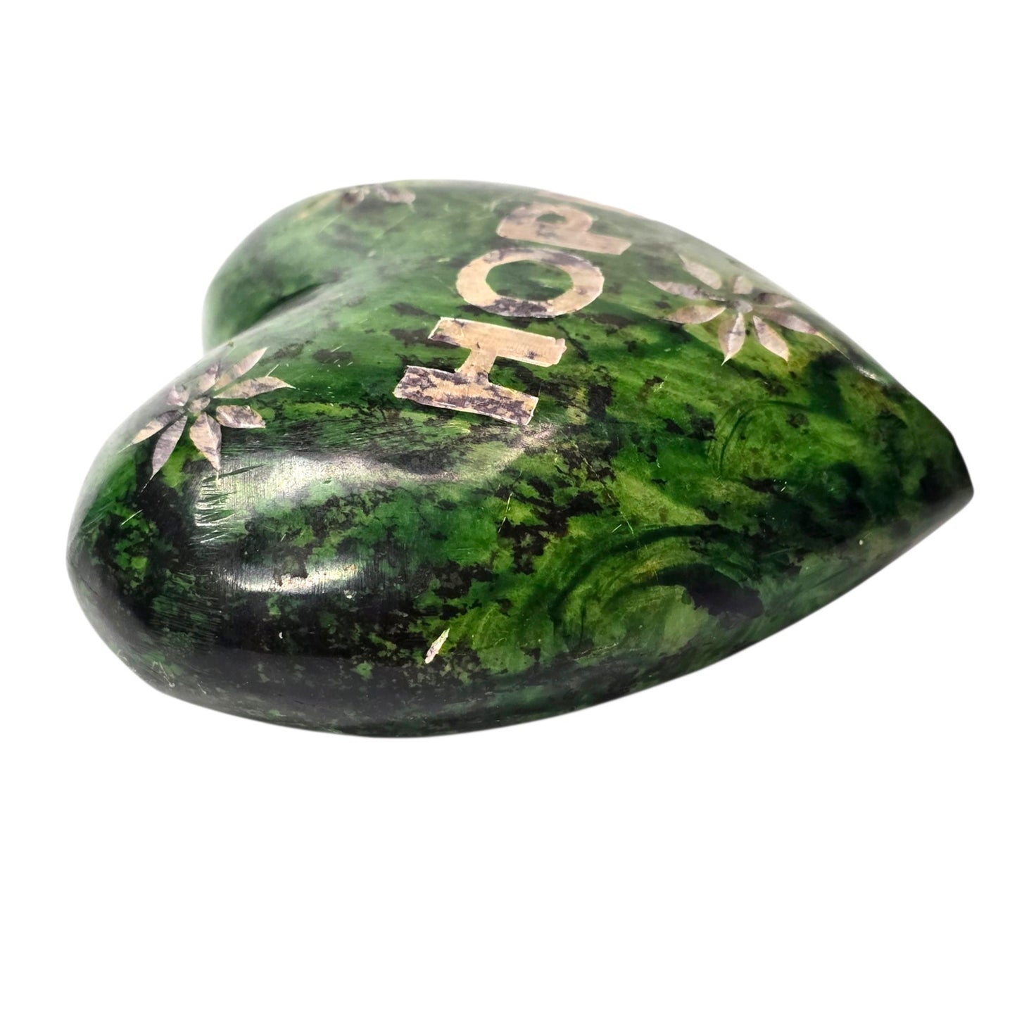 Carved Soapstone Heart Paperweight Green HOPE Etched Flower India Heavy 4"