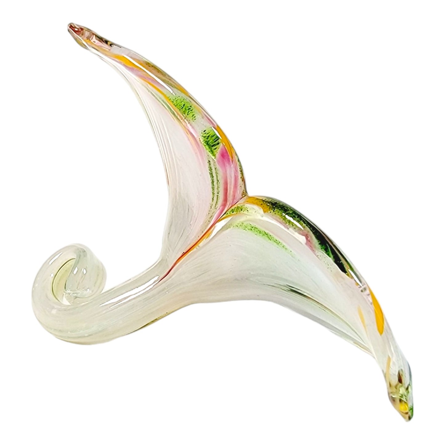 Hand-Blown Art Glass Flower with Stem in Pink, Green and Orange, 3 Leaf Flower