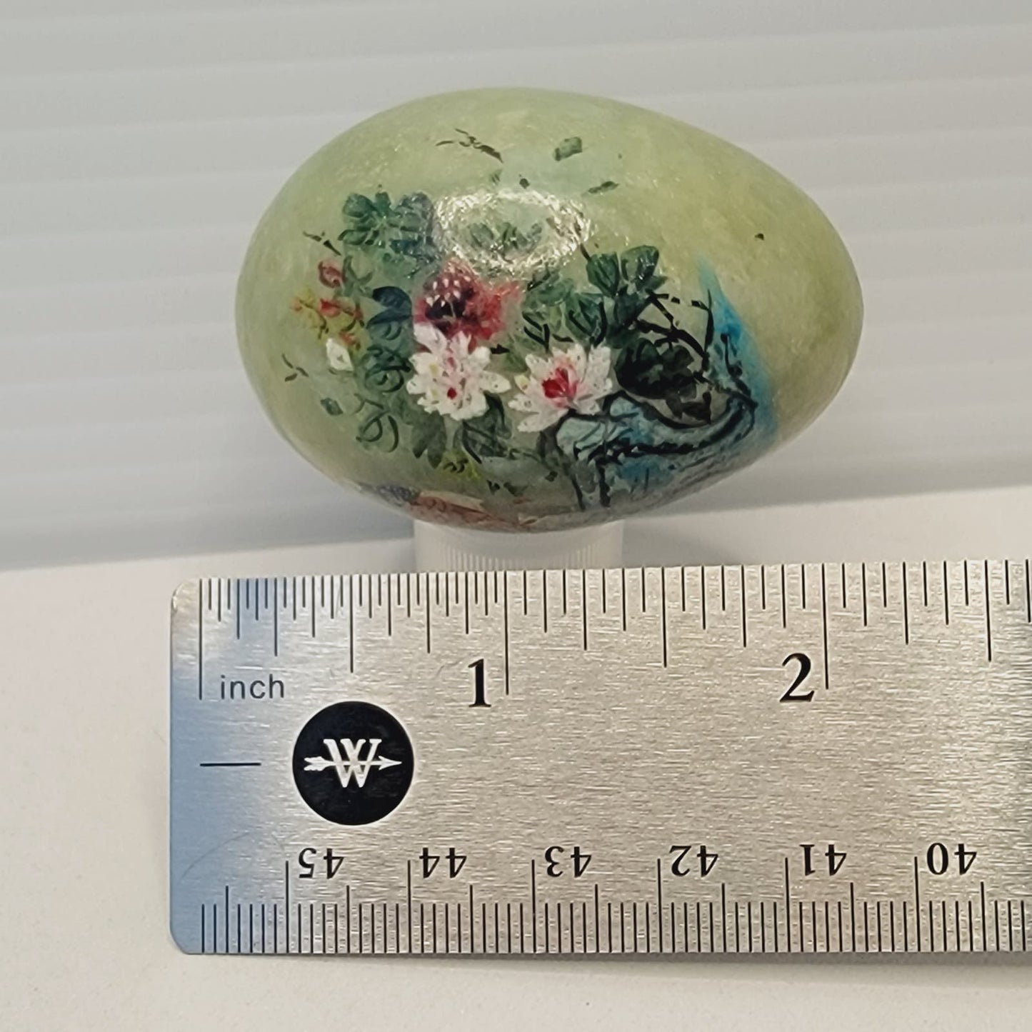 Vtg Genuine Alabaster Hand Painted Egg Paperweight Peacock Flowers Lake Easter