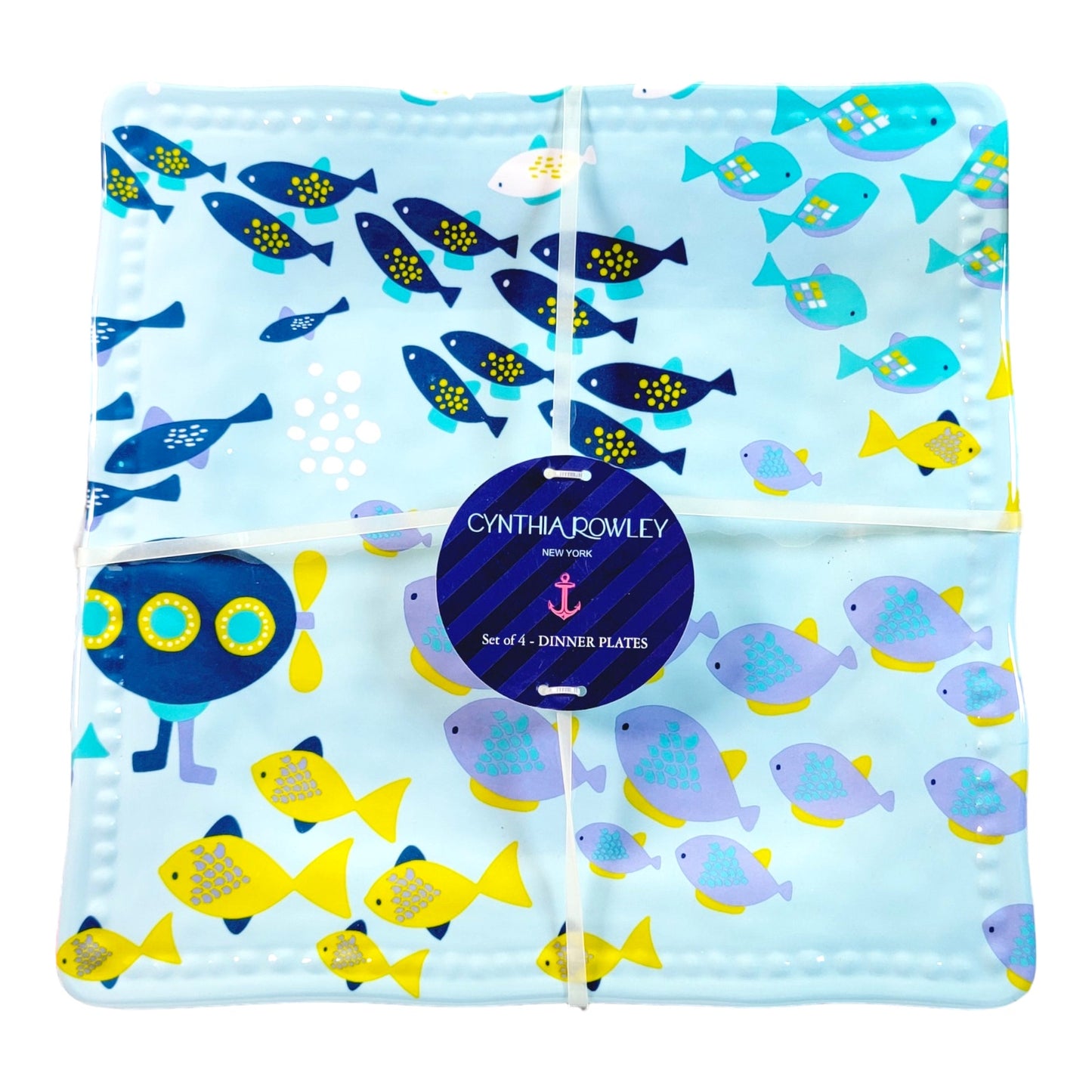 NEW Cynthia Rowley Large 11" Square Melamine Plates Set of 4, Blue Submarine School of Fish