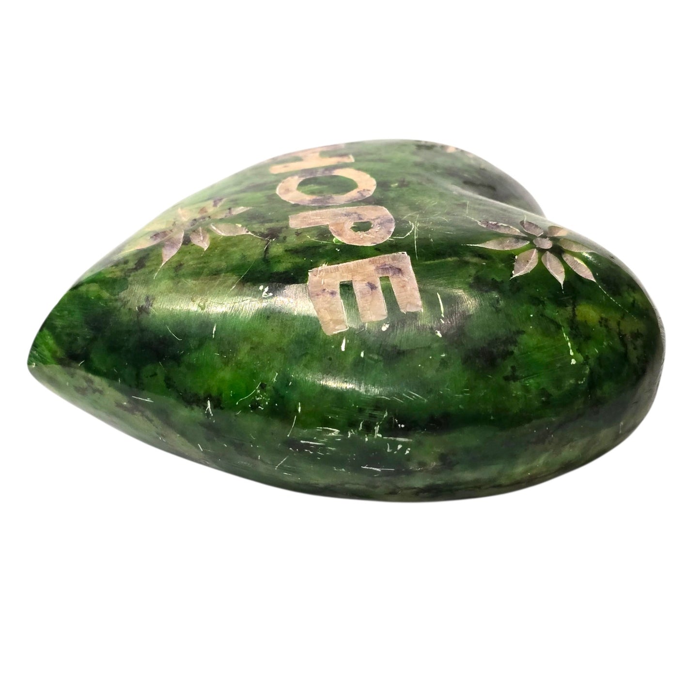 Carved Soapstone Heart Paperweight Green HOPE Etched Flower India Heavy 4"