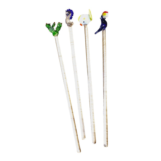 Set of 4 Hand-Blown Art Glass Swizzle Sticks, Kelp, Fish, Sea Horse and Bird