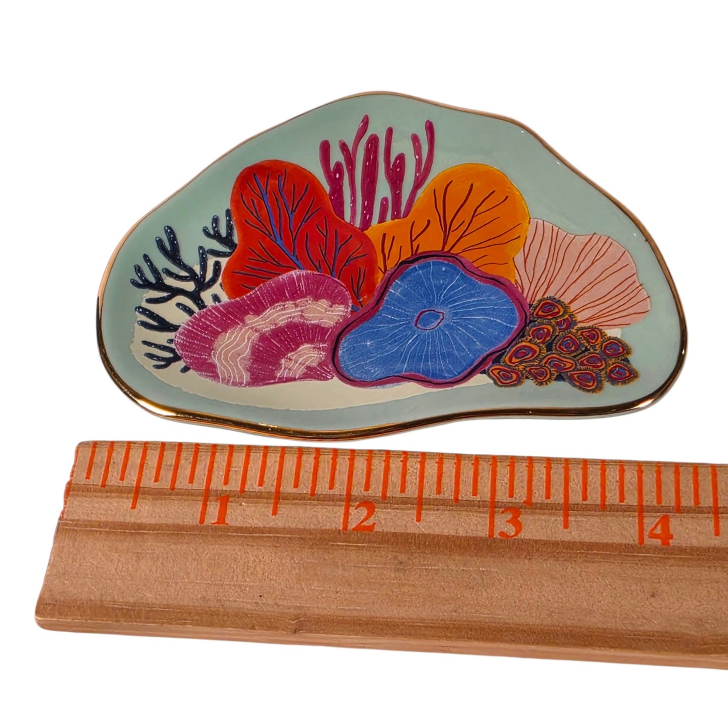 Danica Studio Neptune Trinket Tray Mint Green Ceramic Coral Gold Trim Dish