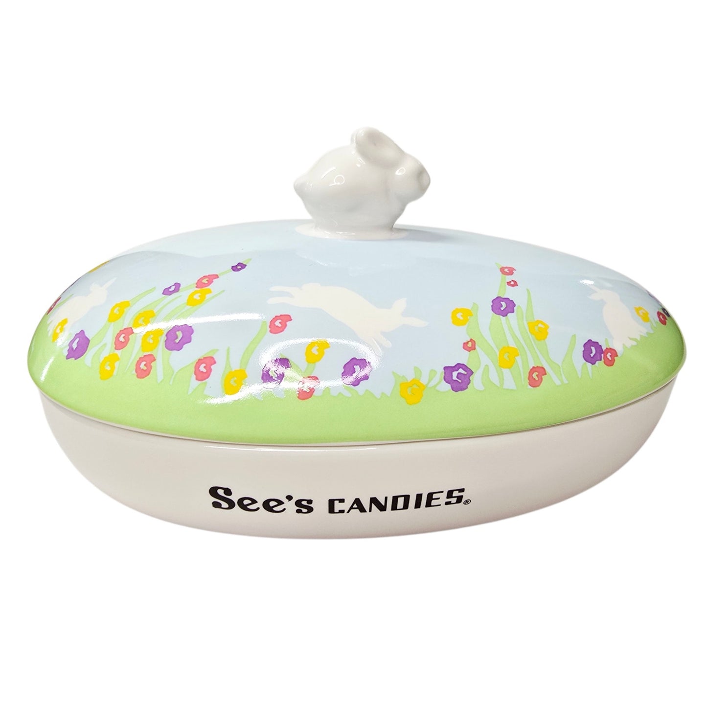 NIB See's Candies Easter Candy Dish Ceramic Lidded Bunny Knob Lid 7.5" Floral