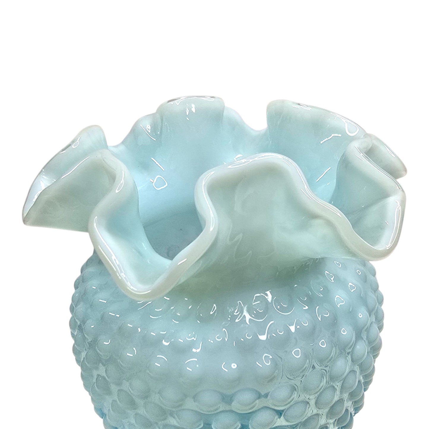 Fenton Aqua Blue Opalescent Hobnail Vase Uranium Reactive Ruffled Top Art Glass