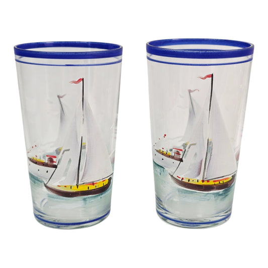 Vtg Handpainted MCM Sailboat Glass Beverage Tumblers Blue Rim Nautical Barware
