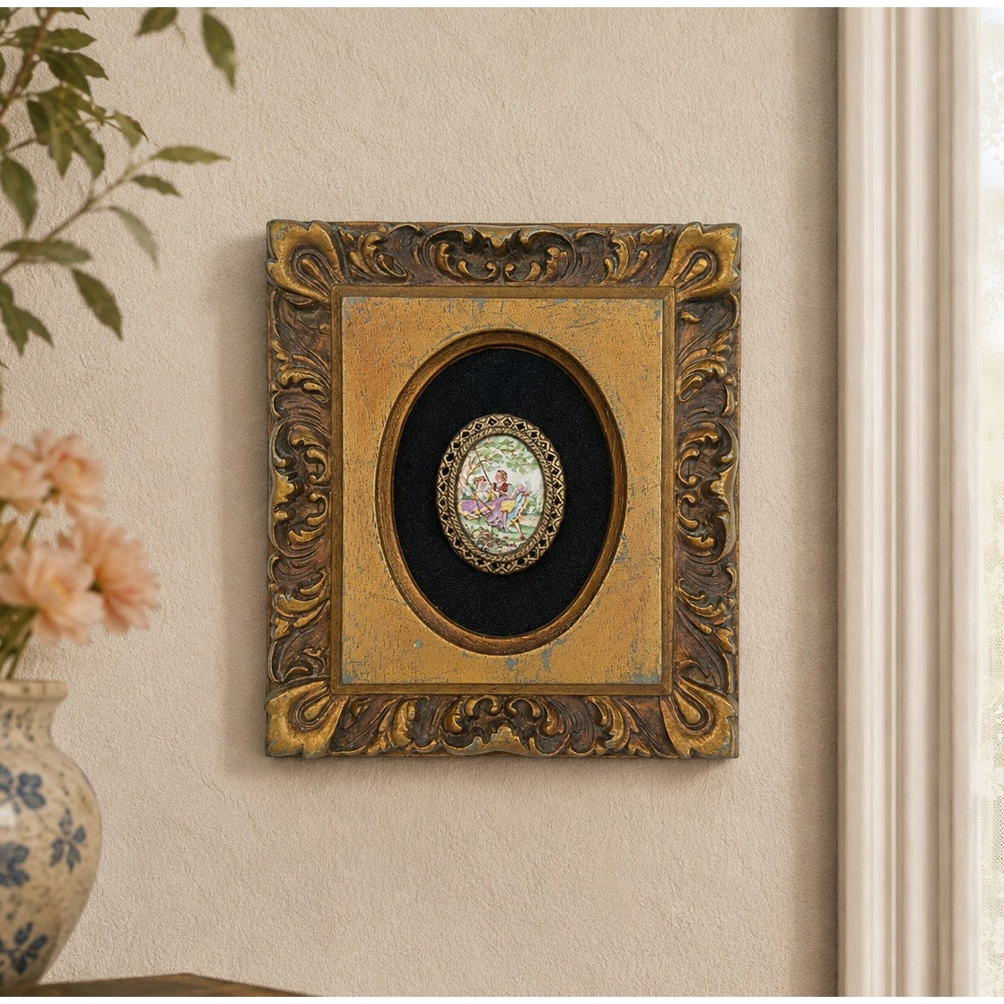 Vintage Courting Couple Miniature Portrait Plaque Ornate Frame Made in USA