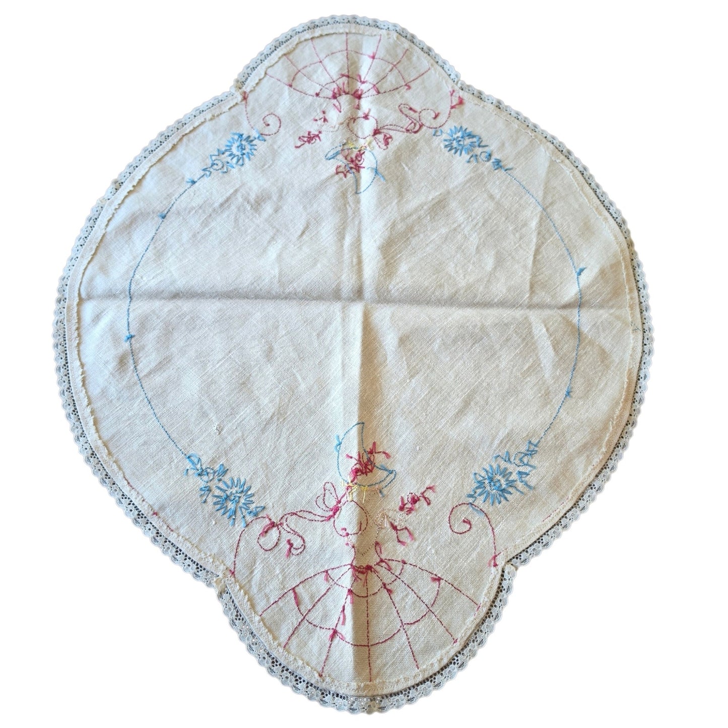 Vintage Crinoline Lady Embroidered Dresser Scarf & Crochet Doily Set Centerpiece