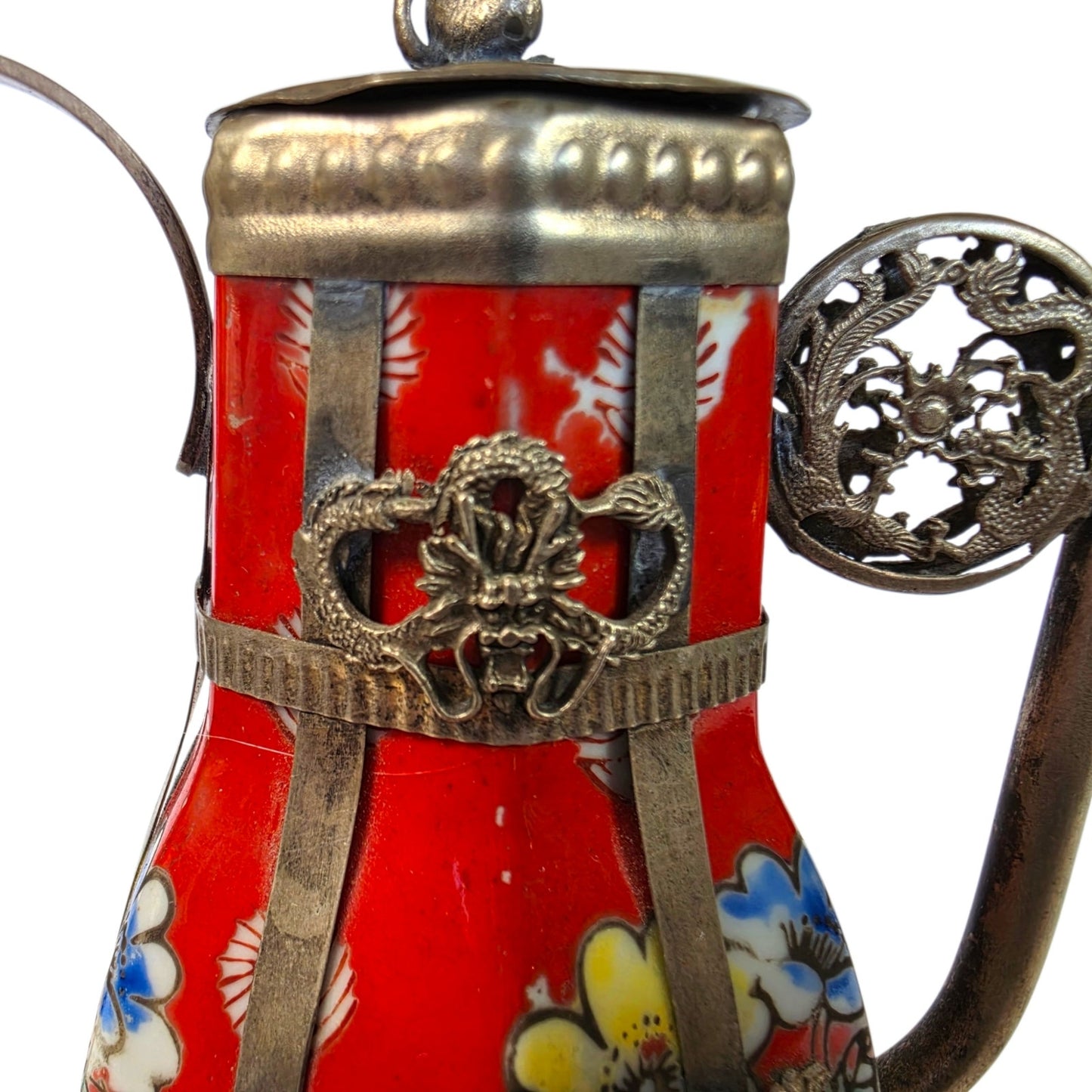 Vintage Miniature Tibetan Porcelain Teapot Metal Filigree Red Dragon Squirrel