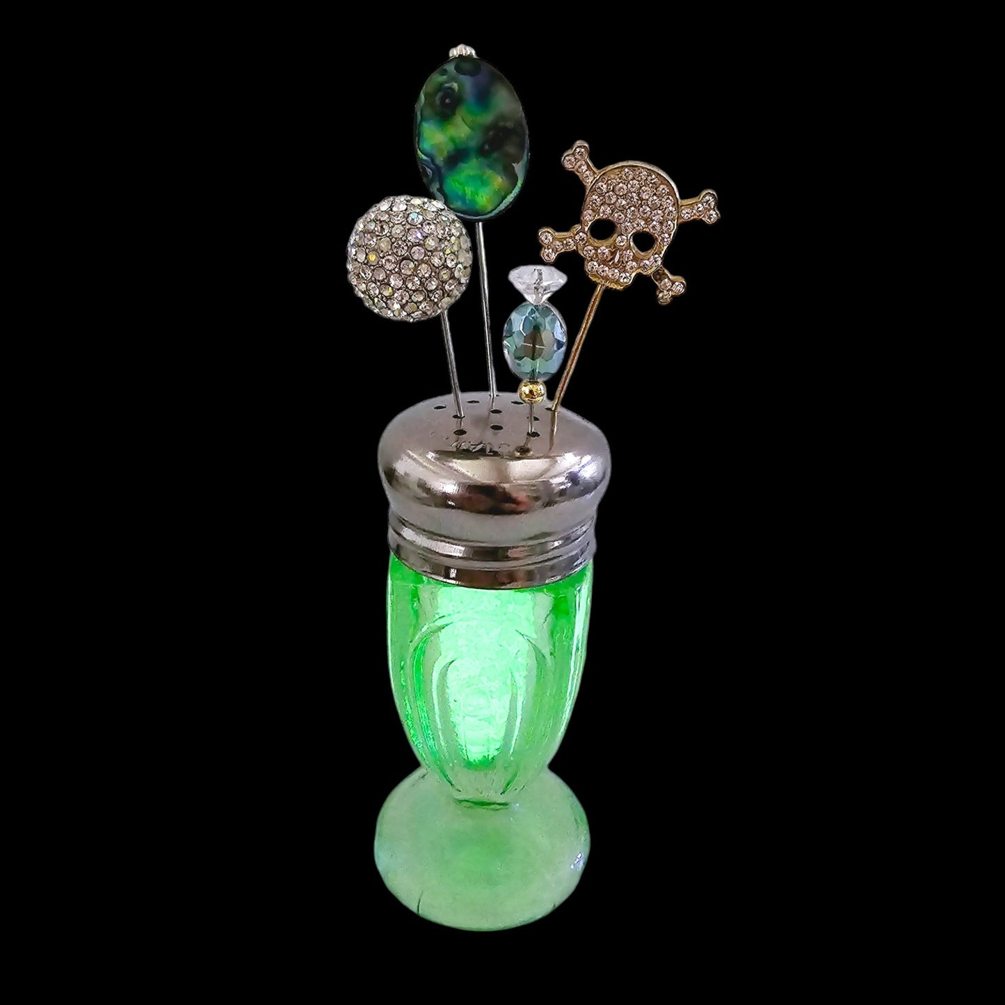 Green Uranium Glass Salt Shaker Stick Pin Display, 4 Pins, Skull, Glowy, Sparkles, 5.5" H with Pins