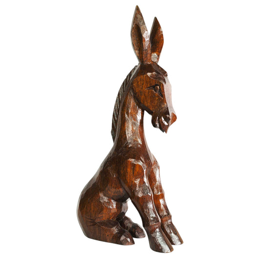 Vintage Carved Wood Donkey Figurine Lacquered Sitting Donkey Mule Burro