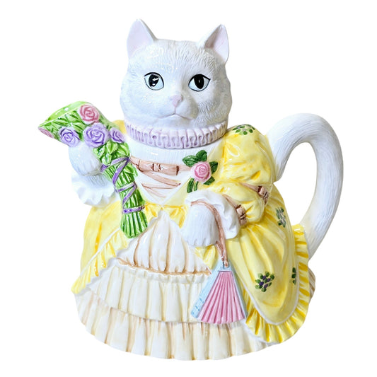 Vintage Lefton Cat in Victorian Dress Teapot, Small Ear Chip