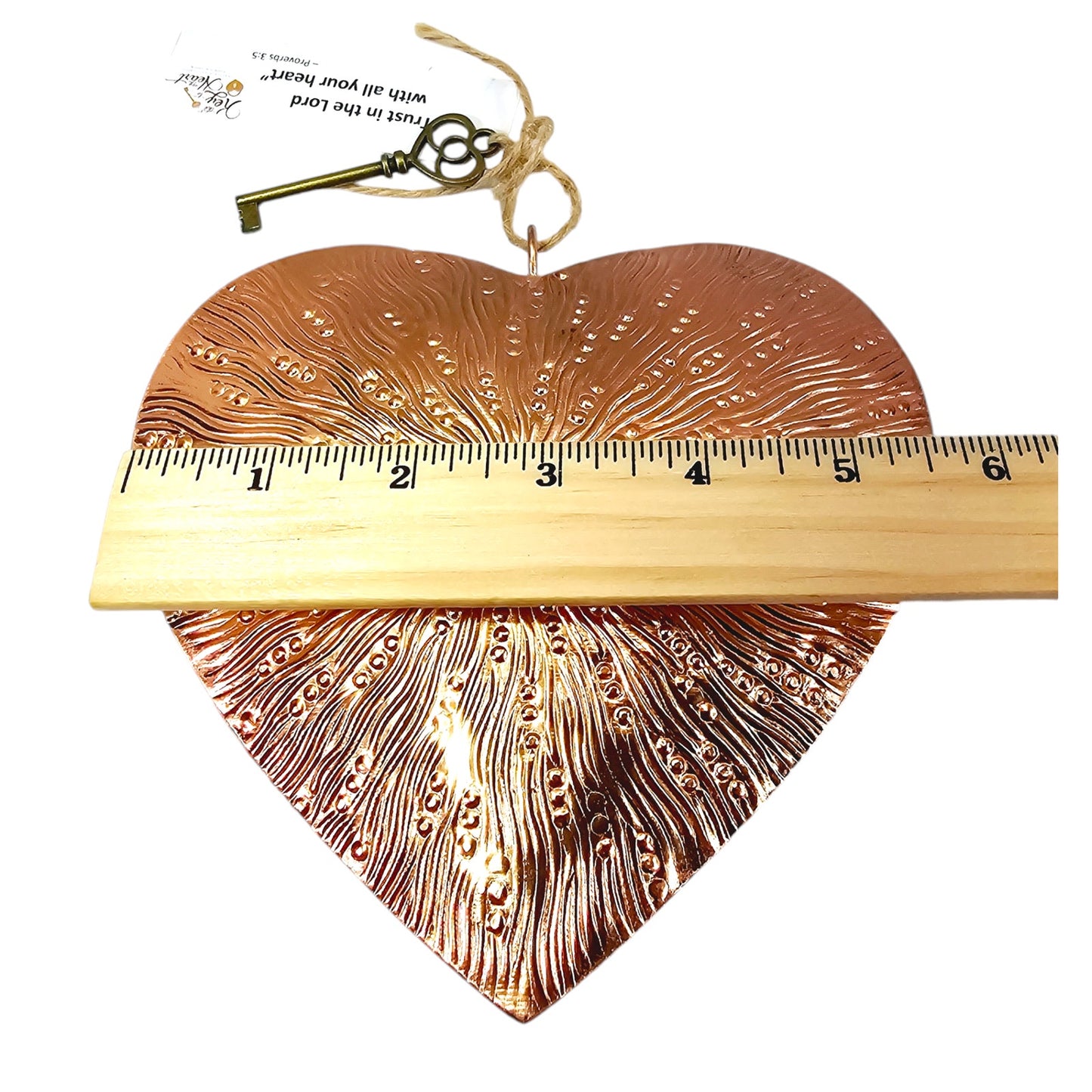 Pressed Copper Puffy Heart with Key Hanging Decor, 5.75" H x 5.75" W