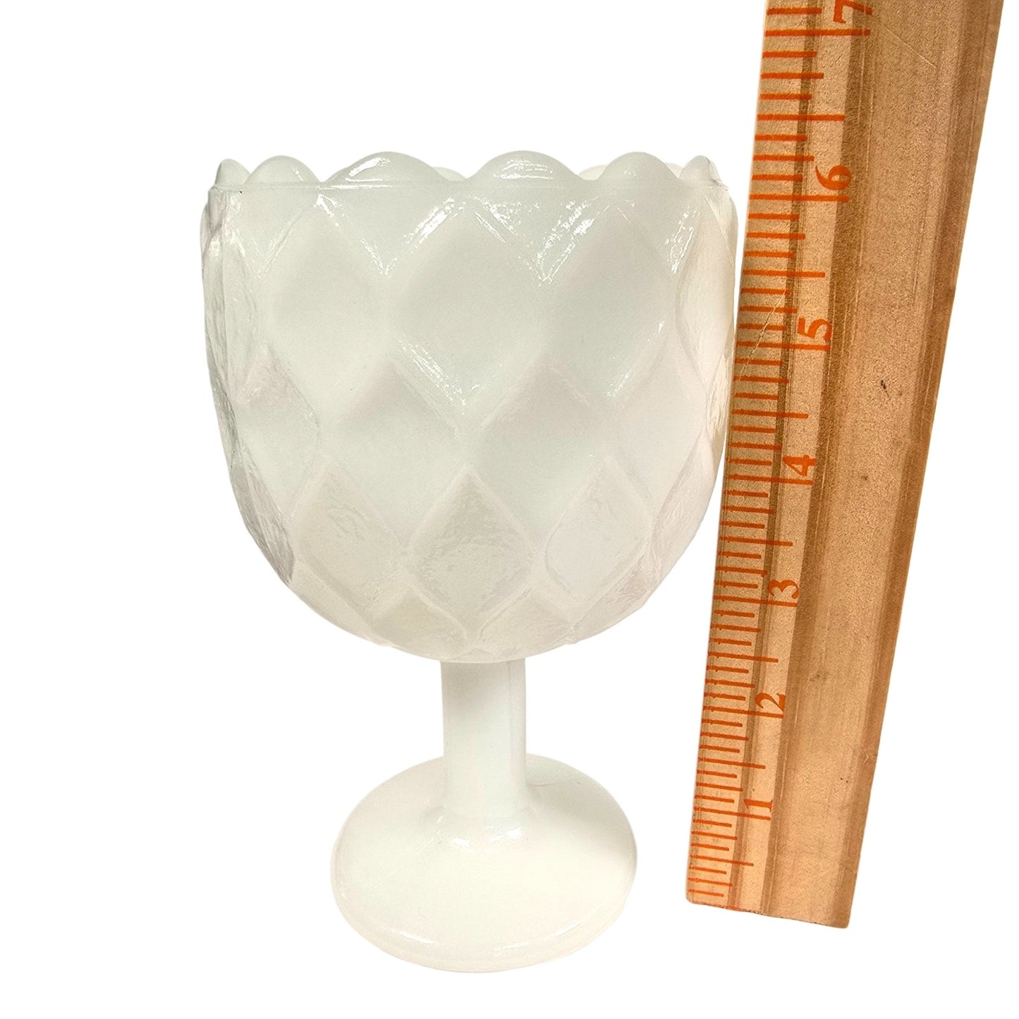 Vintage White Milk Glass Diamond Pattern Pedestal Goblet Vase