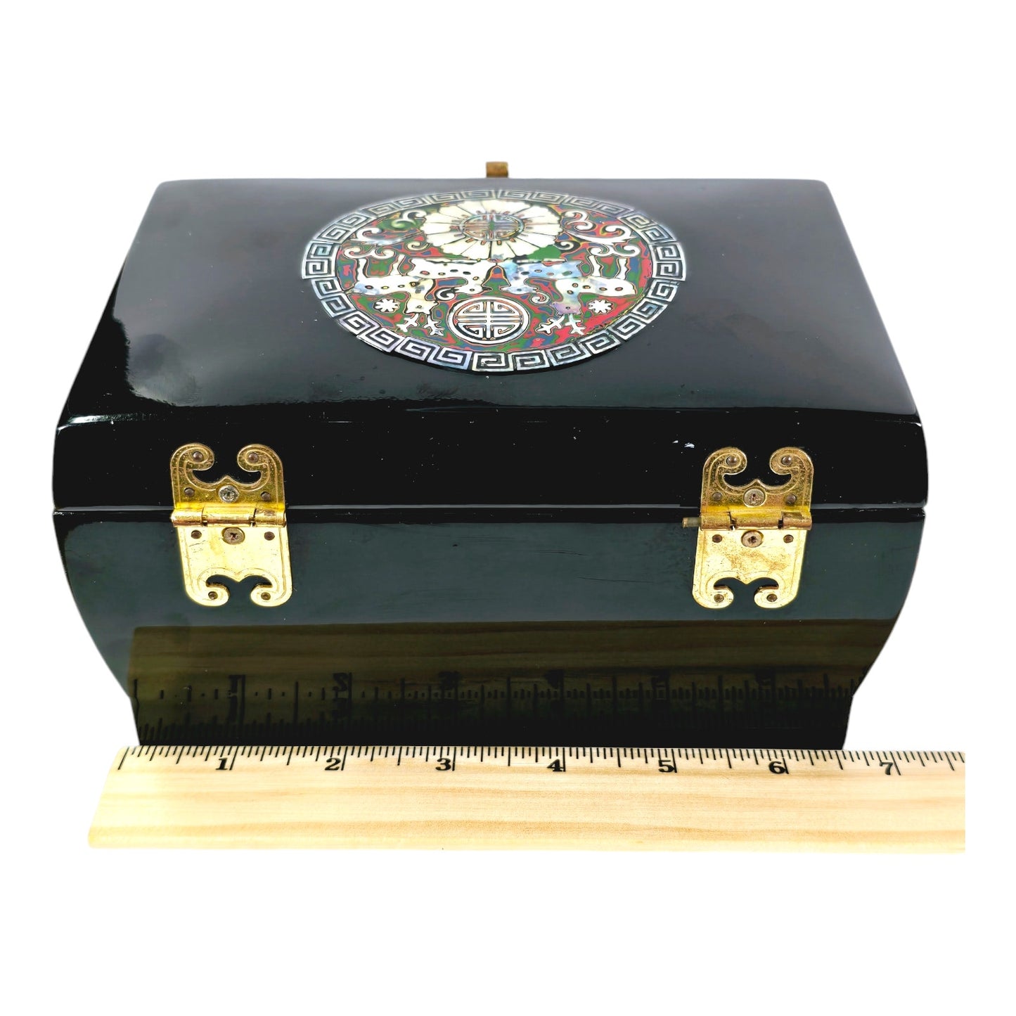 Asian Black Lacquer Mother of Pearl Inlay Jewelry Box, Deer Fawn, Mirrored, 7" W