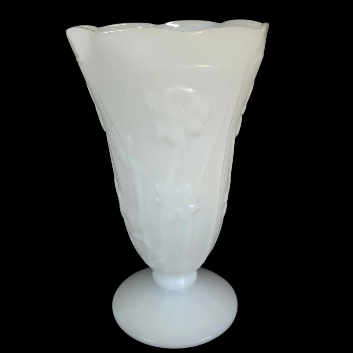 Vintage Jeannette Glass Iris & Herringbone Milk Glass 9” Footed Vase