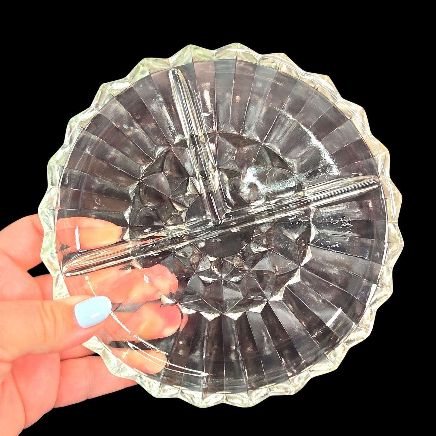 Vintage Pressed Glass Divided Relish Dish Clear Sunburst Pattern AS IS Read