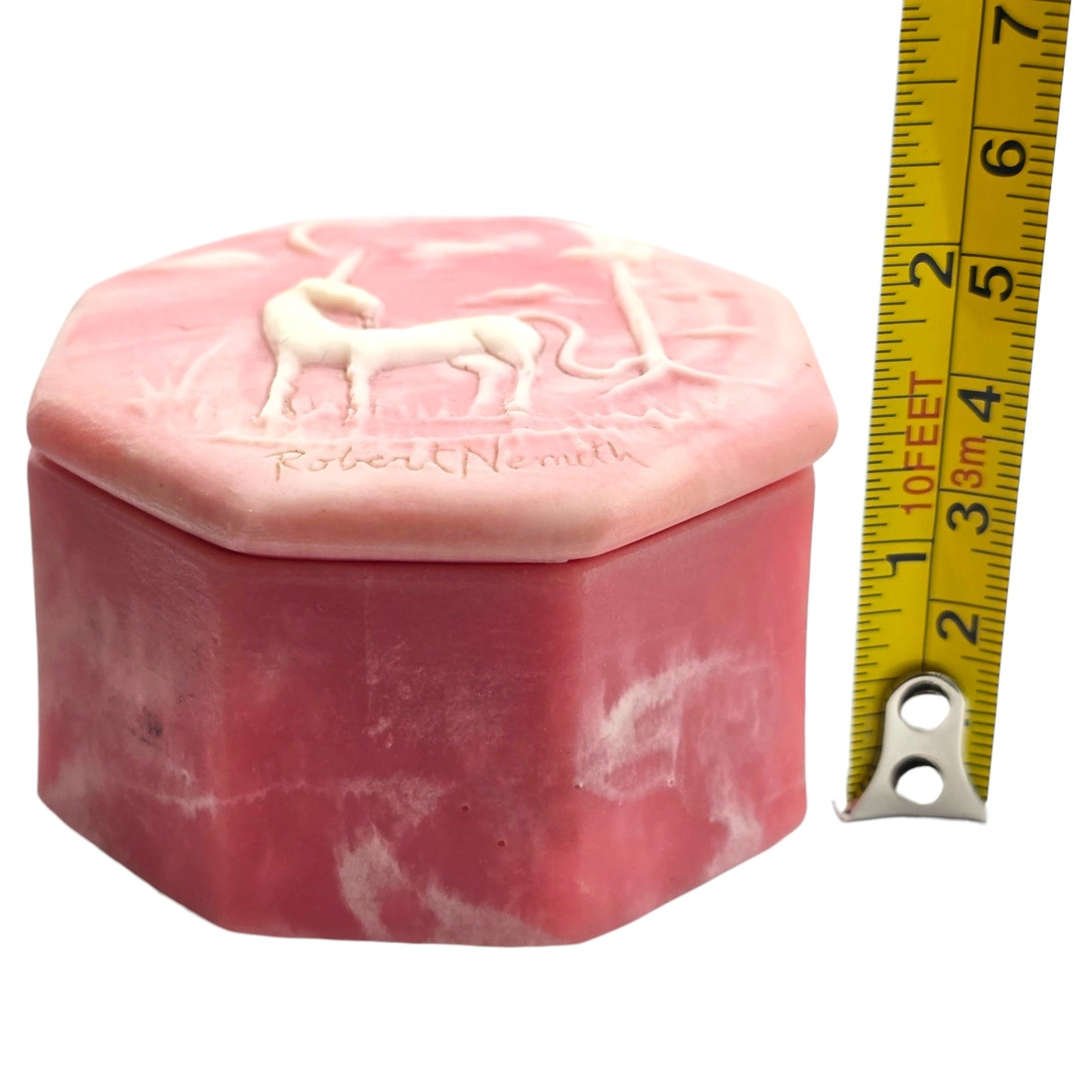 Robert Nemith Signed Incolay Stone Unicorn Trinket Box Relief Carved Mythical